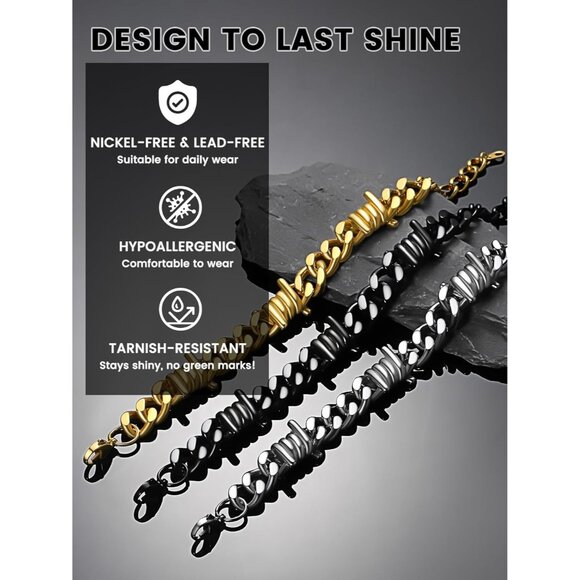 Punk Gothic Barbed Wire Bracelet 7/9mm Thick Cuban Chain for Men and Women - Picture 9 of 9